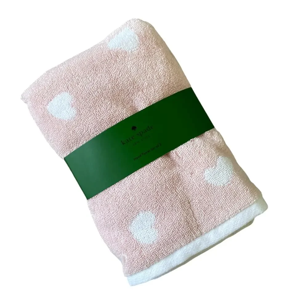 KATE SPADE Cotton Hand Towels Set of 2 Ballet Pink & White Hearts 18X28 NEW